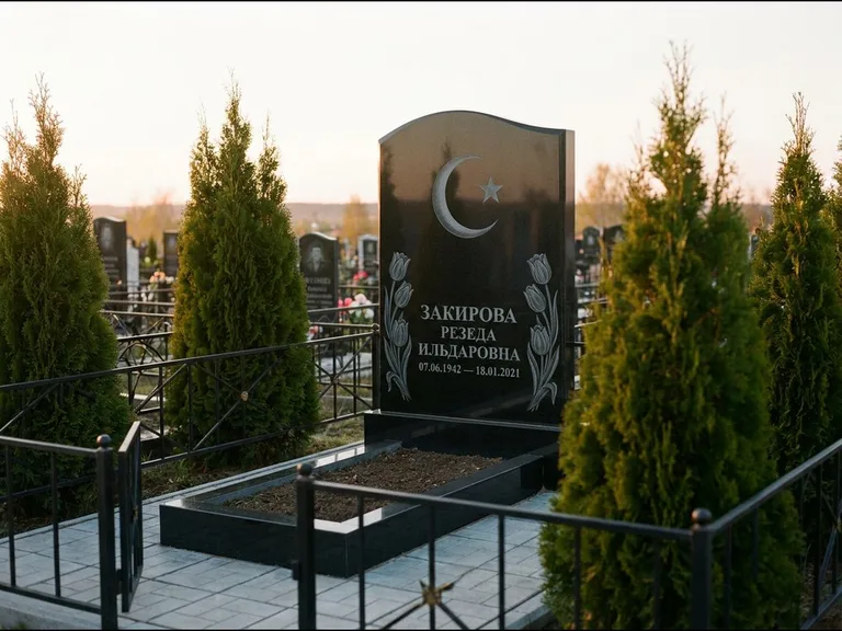 Памятник с гравировкой полумесяца — гравировка полумесяца со звездой и тюльпанами по бокам, работа «Закирова» в Липецке