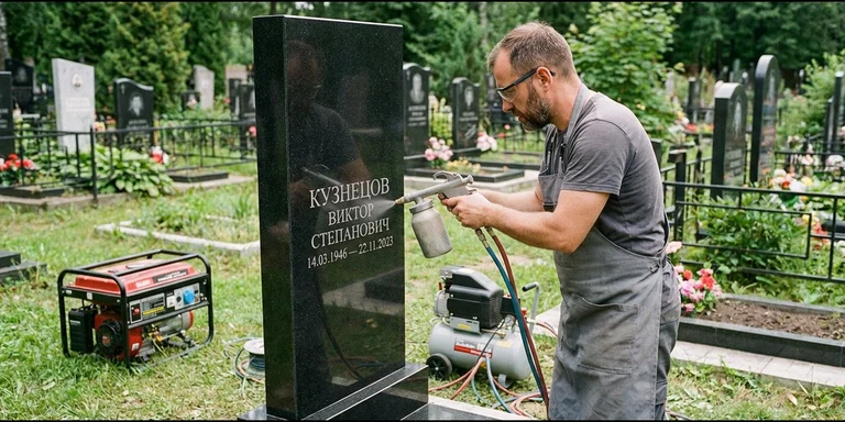 Гравировка на памятнике с выездом на кладбище в Липецке — мастер гравирует установленный памятник