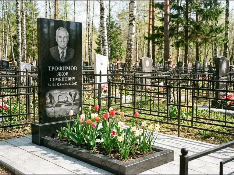 Памятник с гравировкой журавлей — гравировка пары журавлей над гладью озера в нижней части, работа «Трофимов» в Липецке