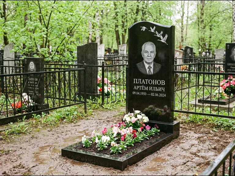 Памятник с гравировкой журавлей — белая гравировка клина журавлей, уходящего в верхний угол ст, работа «Платонов» в Липецке