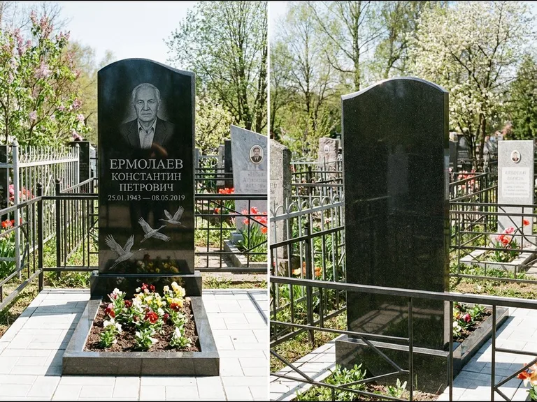 Памятник с гравировкой журавлей — гравировка трёх журавлей по диагонали через свободное поле с, работа «Ермолаев» в Липецке