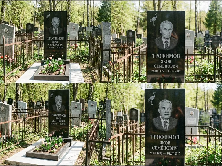 Памятник с гравировкой журавлей — гравировка одиночного летящего журавля над портретом, работа «Трофимов» в Липецке