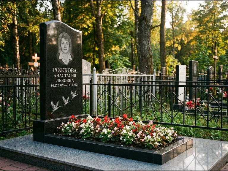 Памятник с гравировкой журавлей — гравировка трёх журавлей по диагонали через свободное поле с, работа «Рожкова» в Липецке