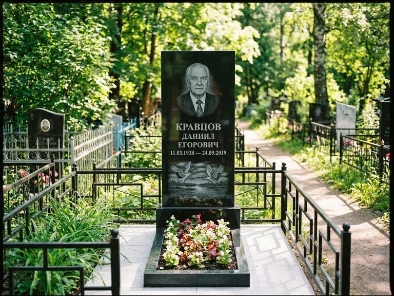 Памятник с гравировкой журавлей — гравировка пары журавлей над гладью озера в нижней части, работа «Кравцов» в Липецке