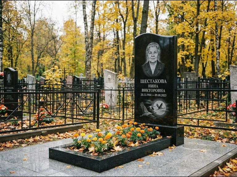 Памятник с гравировкой журавлей — гравировка клина журавлей на фоне солнечного диска, работа «Шестакова» в Липецке