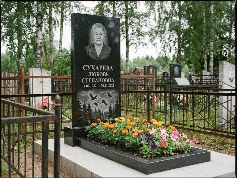 Памятник с гравировкой журавлей — гравировка силуэтов журавлей над еловым лесом, работа «Сухарева» в Липецке