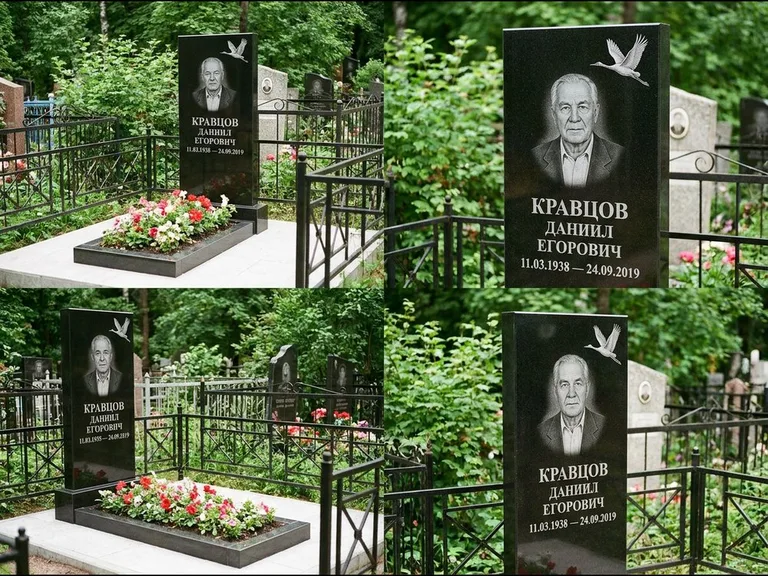 Памятник с гравировкой журавлей — белая гравировка клина журавлей, уходящего в верхний угол ст, работа «Кравцов» в Липецке