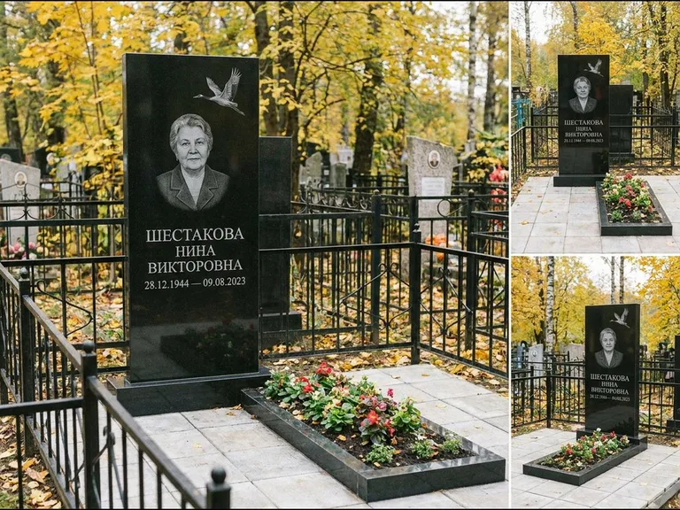 Памятник с гравировкой журавлей — гравировка одиночного летящего журавля над портретом, работа «Шестакова» в Липецке