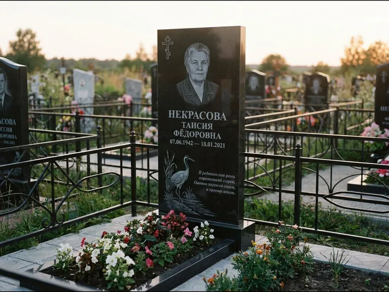 Памятник с гравировкой журавлей — гравировка журавля у камышей рядом с эпитафией, работа «Некрасова» в Липецке