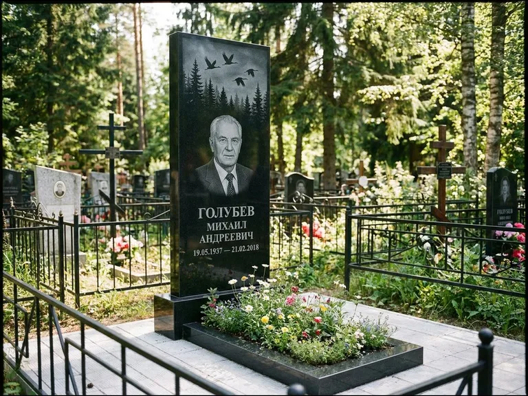 Памятник с гравировкой журавлей — гравировка силуэтов журавлей над еловым лесом, работа «Голубев» в Липецке