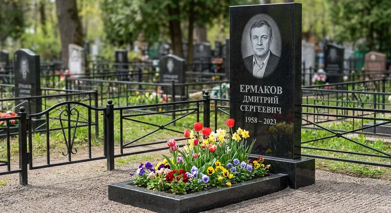 Памятник с цветником, Пример гранитного памятника, изготовленного мастерской на кладбище в Нижнем Новгороде