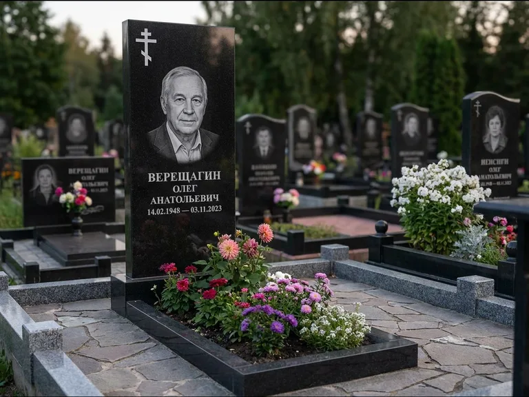 Памятник из чёрного гранита — горизонтальная плита-стела с православным восьмиконечным крестом, работа «Тихонов» в Липецке