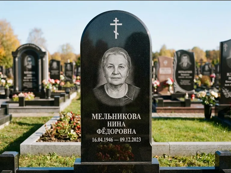 Памятник из чёрного гранита — стела с резным навершием с латинским крестом, работа «Савельева» в Липецке