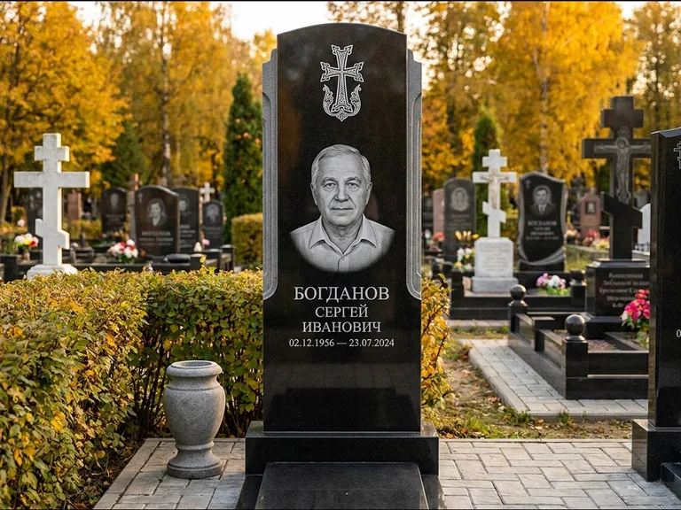 Памятник из чёрного гранита — круглая стела-медальон с армянским хачкаром, работа «Ковалёв» в Липецке