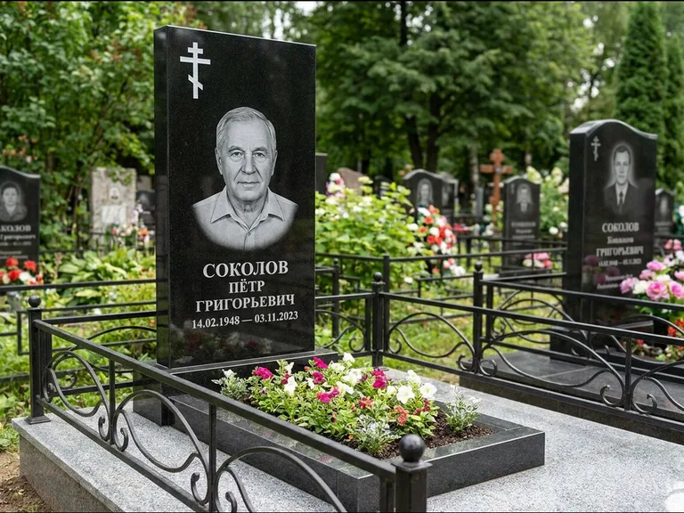 Памятник из чёрного гранита — стела с арочным верхом с православным восьмиконечным крестом, работа «Ковалёв» в Липецке