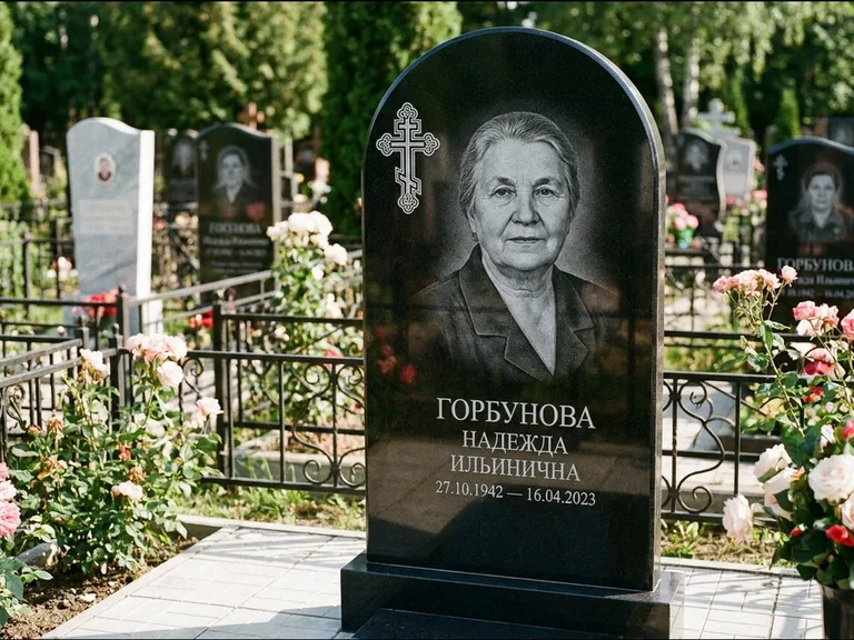 Памятник из чёрного гранита — стела с боковой колонной с крестом в лучах, работа «Мельникова» в Липецке