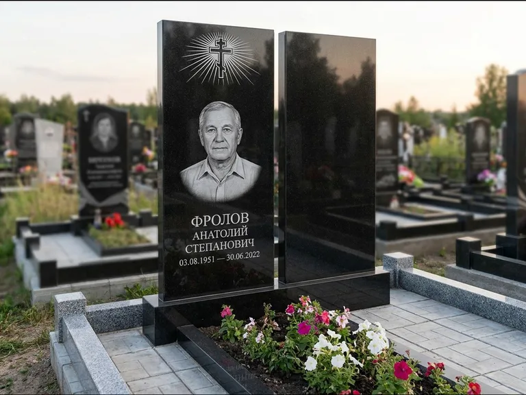 Памятник из чёрного гранита — стела на ступенчатом постаменте с золочёным крестом, работа «Богданов» в Липецке