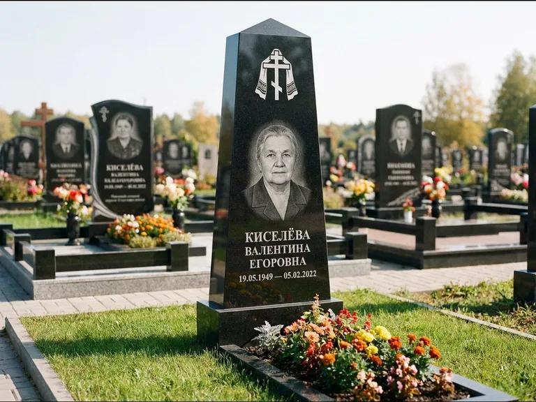 Памятник из чёрного гранита — стела со скошенным верхом с ажурным резным крестом, работа «Селезнёва» в Липецке
