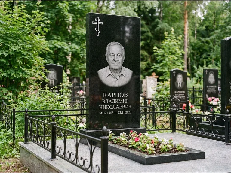 Памятник из чёрного гранита — узкая стела с ажурным крестом с православным восьмиконечным крестом, работа «Гущин» в Липецке
