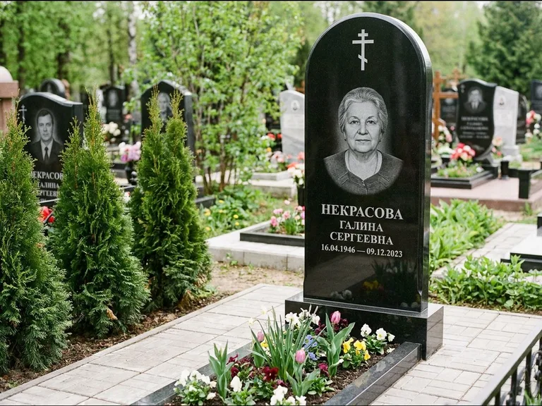 Памятник из чёрного гранита — стела с цветником-плитой с латинским крестом, работа «Лаврентьева» в Липецке