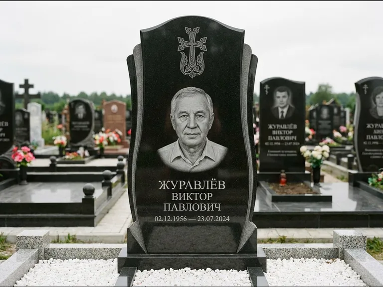 Памятник из чёрного гранита — панорамная стела с армянским хачкаром, работа «Тихонов» в Липецке