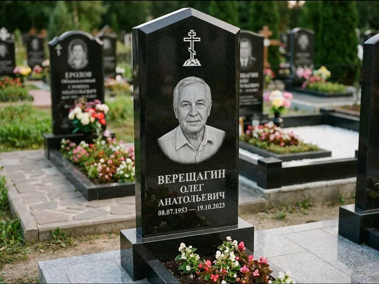 Памятник из чёрного гранита — обелиск-колонна с крестом на Голгофе, работа «Ковалёв» в Липецке