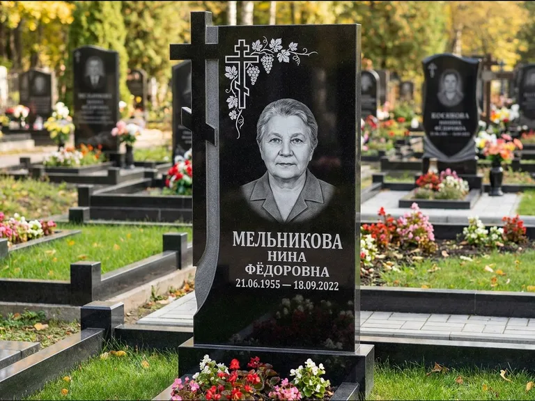 Памятник из чёрного гранита — стела с резной рамкой с крестом с распятием, работа «Некрасова» в Липецке