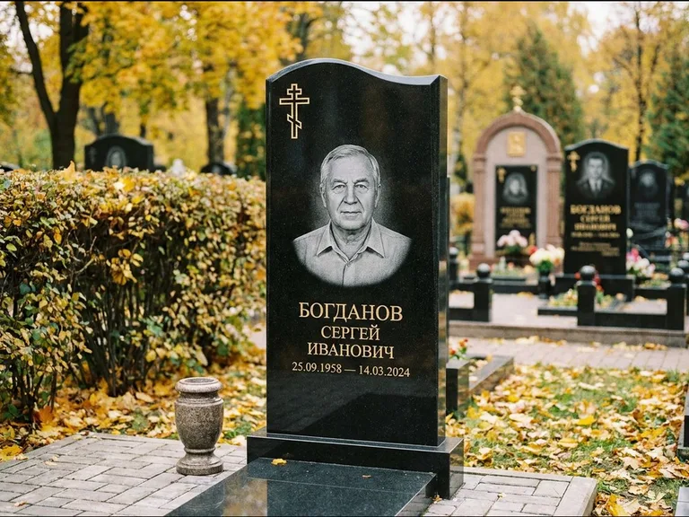 Памятник из чёрного гранита — стела с цветником с процветшим крестом с виноградной лозой, работа «Журавлёв» в Липецке