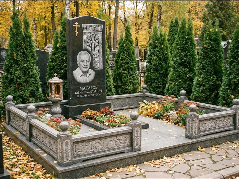 Памятник из чёрного гранита — стела с крестом и лампадой с армянским хачкаром, работа «Гущин» в Липецке
