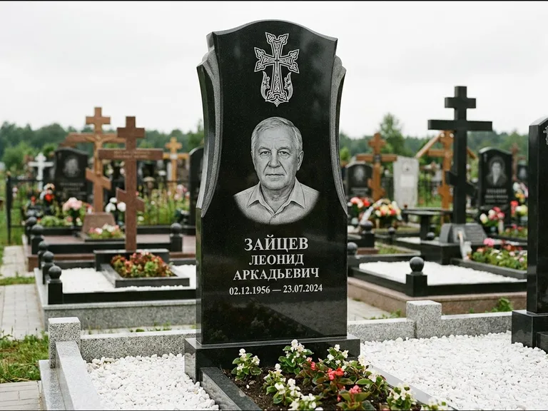Памятник из чёрного гранита — семейная стела на двоих с армянским хачкаром, работа «Журавлёв» в Липецке