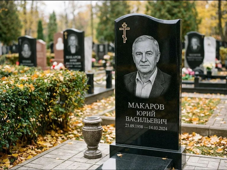 Памятник из чёрного гранита — фигурная стела с киот-нишей с процветшим крестом с виноградной лозой, работа «Богданов» в Липецке