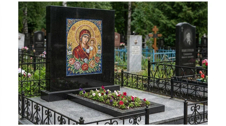 Мозаика на памятник в Липецке — цветное панно из смальты на чёрной гранитной стеле