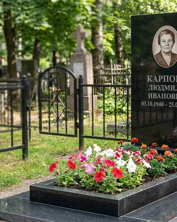 Памятник под ключ с низкой оградой и цветником в Липецке