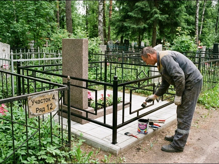 Покраска оградки на кладбище в Липецке — мастер красит металлическую ограду на могиле чёрной эмалью