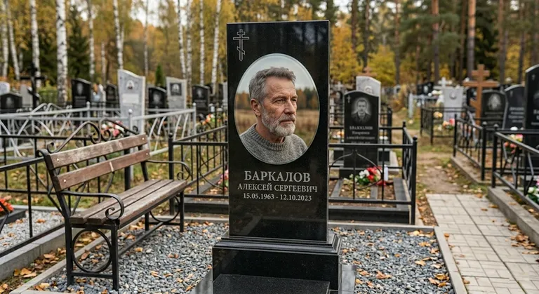 Овальный портрет на стекле на чёрной гранитной стеле в Липецке