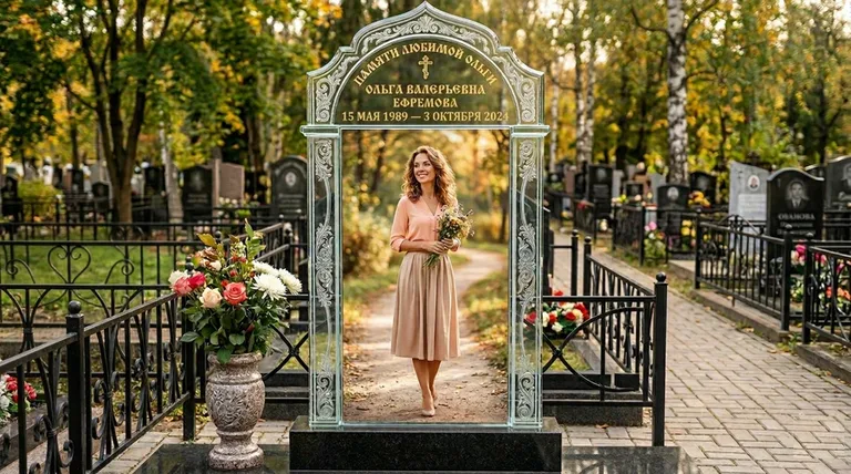 Портрет на стекле в форме арки на памятнике в Липецке