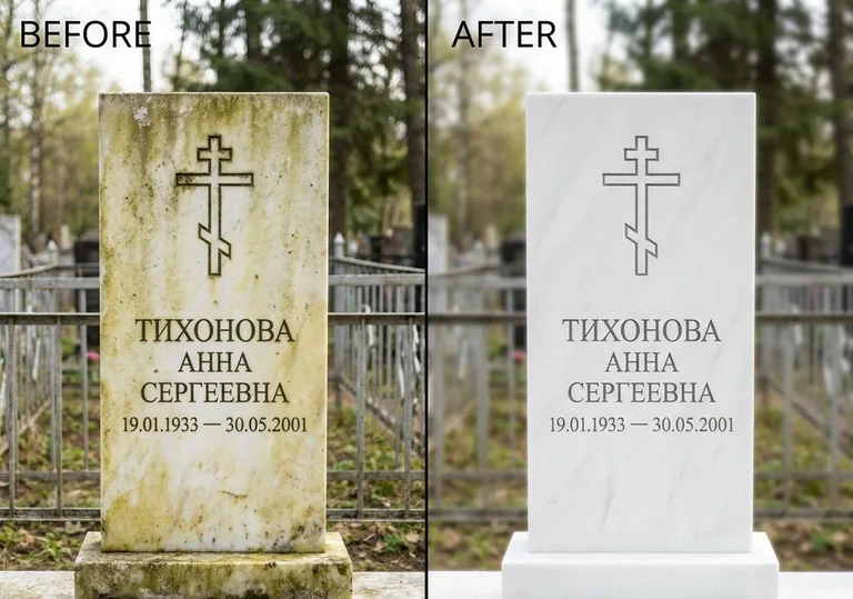 Восстановление мраморного надгробия от желтизны: до и после в Липецке