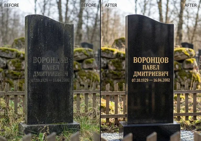 Золочение и обновление надписей на памятнике: до и после в Липецке