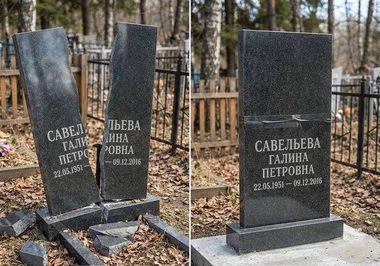 Склейка расколотого гранитного памятника: до и после в Липецке