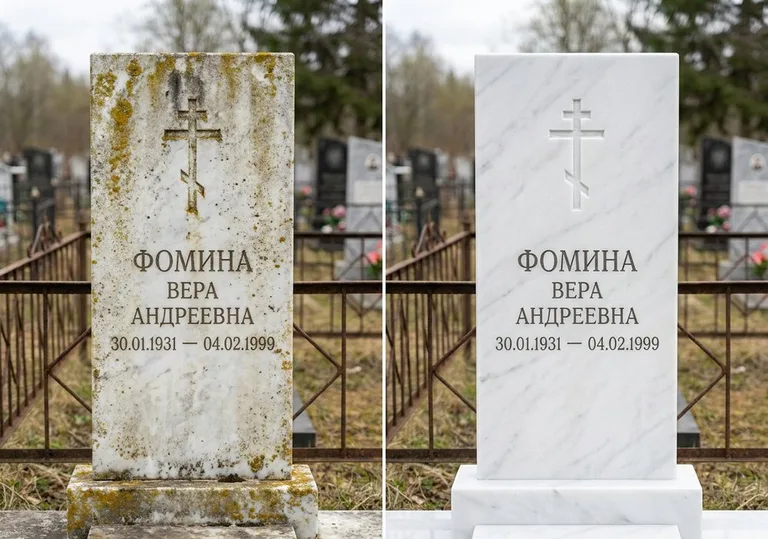 Восстановление мраморного памятника от желтизны и налёта в Липецке