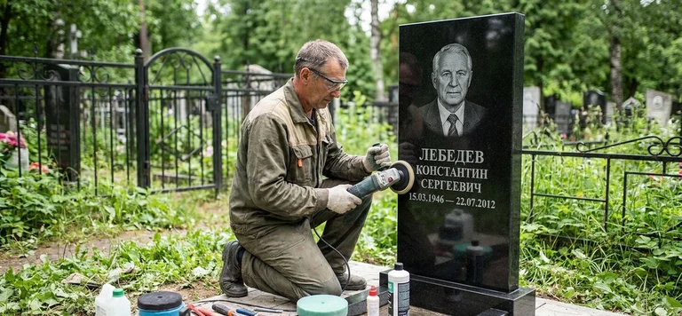 Реставрация памятника в Липецке — восстановление гранита, заделка трещин и обновление надписей на кладбище
