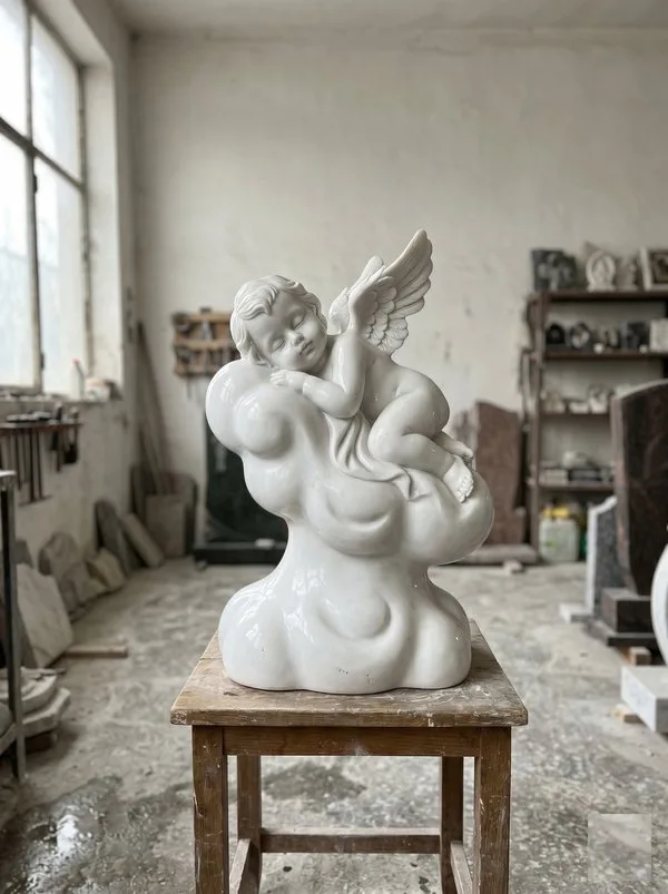 Ребёнку — ангелочек на облаке — скульптура на памятник, литьевой мрамор, высота 50 см