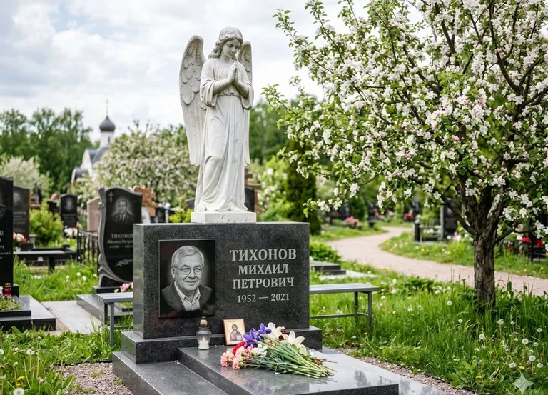 Мраморный молящийся ангел на гранитном памятнике весной в Липецке