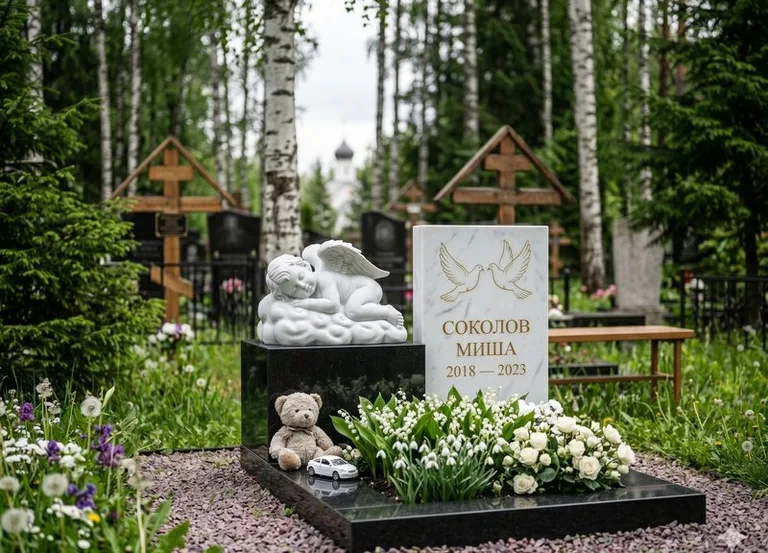 Белый ангелочек на детском памятнике в Липецке