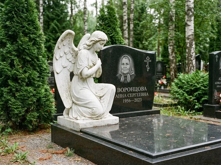 Белый мраморный ангел на гранитном памятнике в Липецке