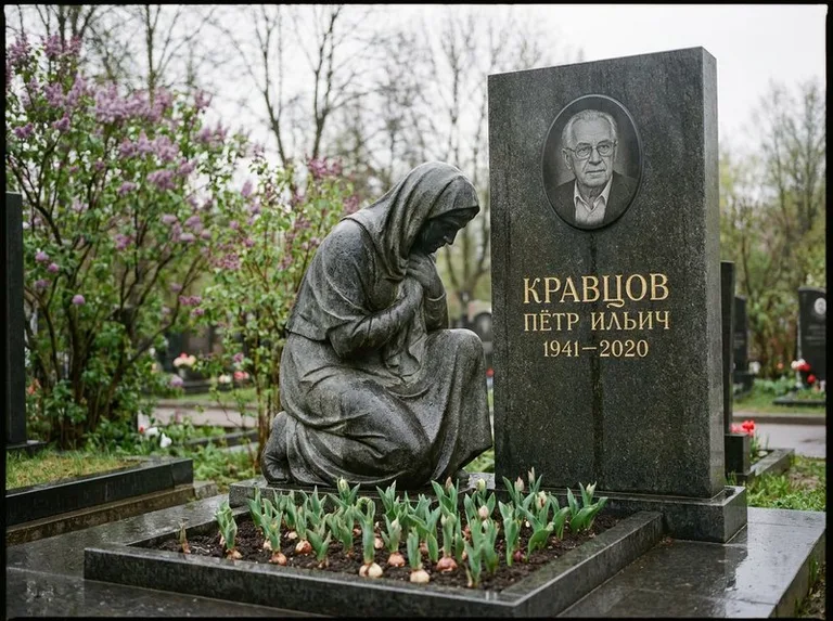 Гранитная скорбящая фигура у стелы на кладбище в Липецке
