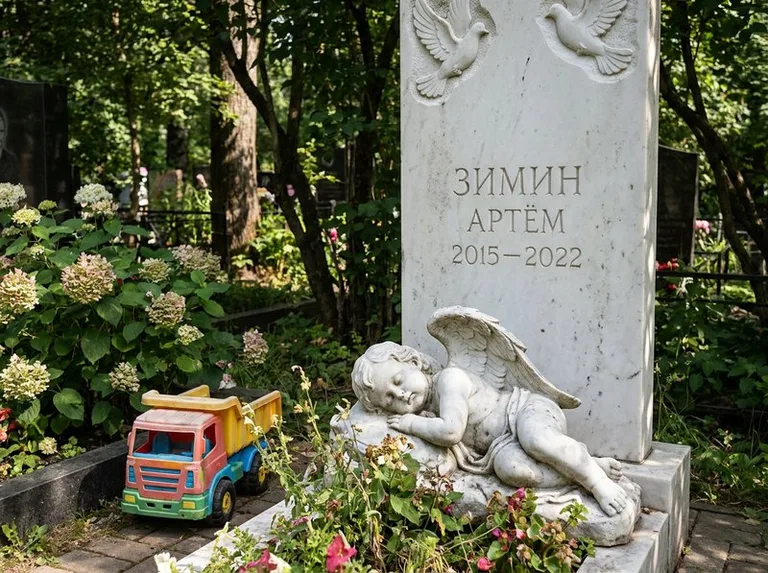 Спящий ангелочек на детском памятнике в Липецке