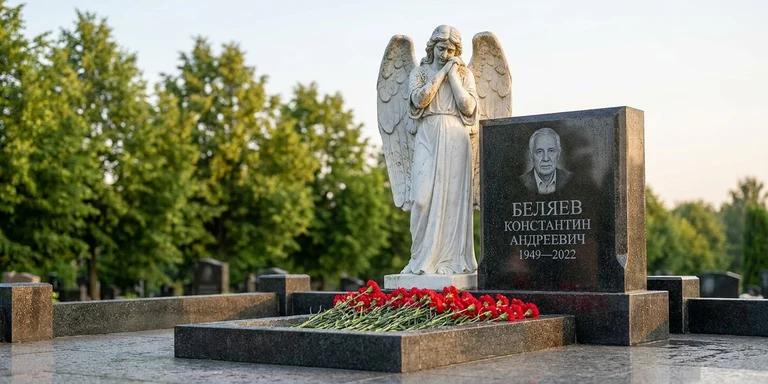 Скульптура на памятник в Липецке — мраморный ангел на гранитном мемориале