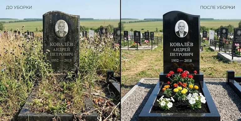 Уборка могилы до и после — ухоженный участок в Липецке