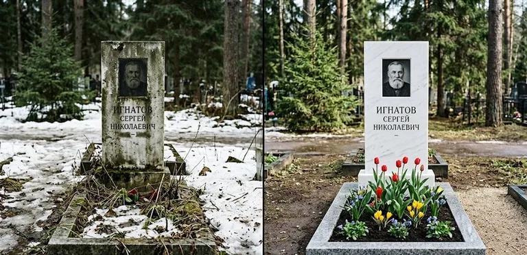 Диптих №6: высадка хризантем у подножия серого гранита — до и после уборки в Липецке